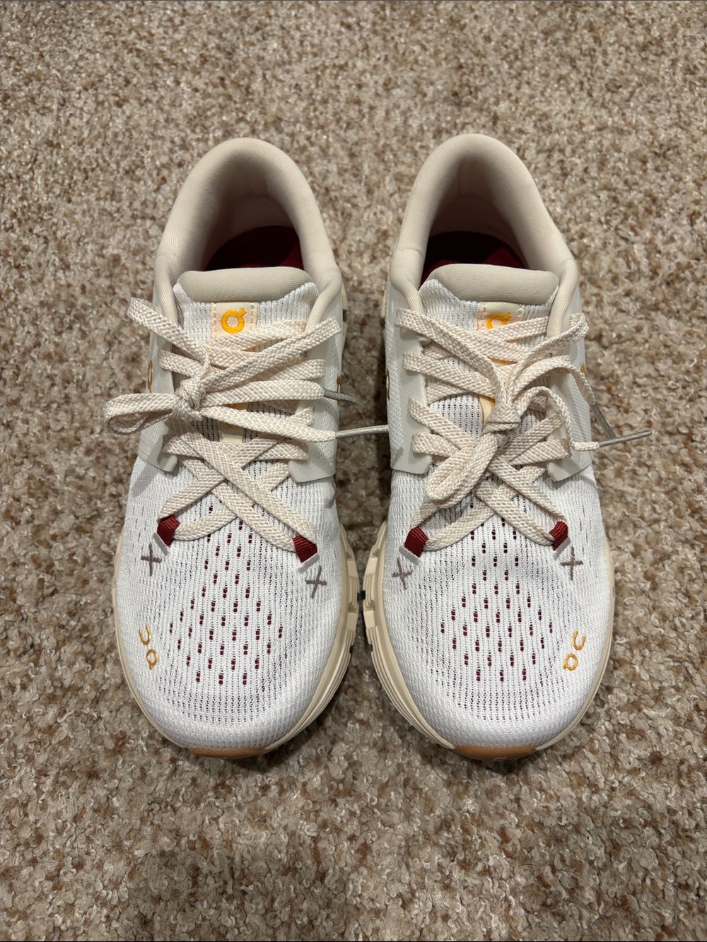 On Running Women Cream Athletic Shoes with Red Accents